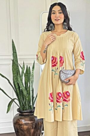 Kurta With Mirror Work And Beautiful Embroidery All Over,Paired Up With Cotton Plazzo Pants