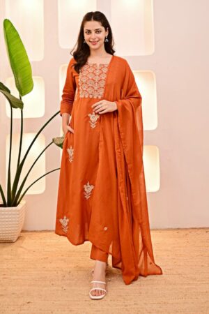 Pure Cotton 60x60 Thread Work Kurta Pant Dupatta Set