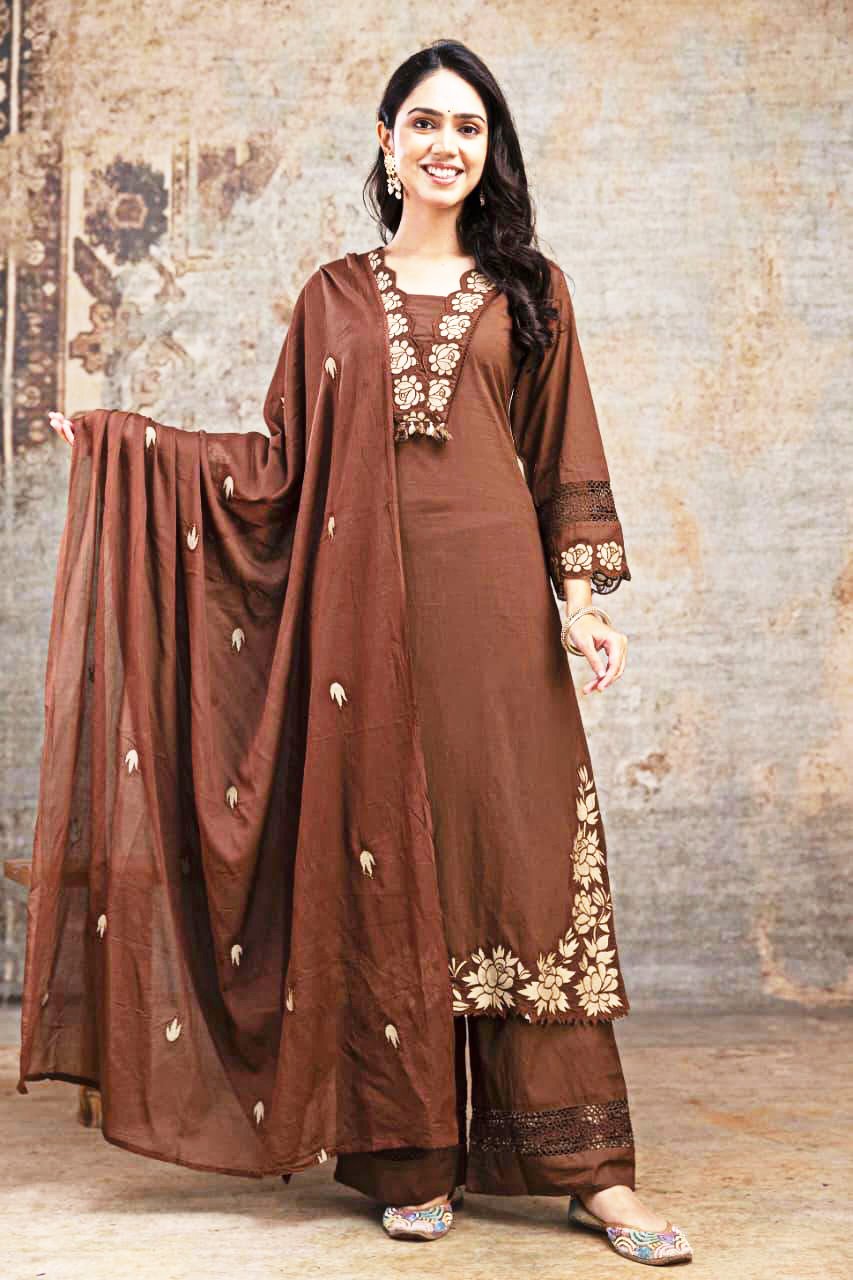 Embroidered Cotton Straight Kurti Pant Dupatta Set for Women