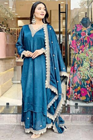 Pure Chinnon Silk Embroidered Gown With Dupatta & Plazzo Set