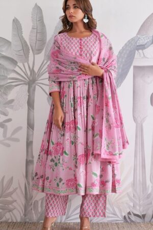 Hand-Embellished Cotton Anarkali Set: Festival Edition