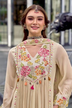 Premium Cotton A-Line Full Flair Embroidery Suit Set with Hand-Brush Dupatta
