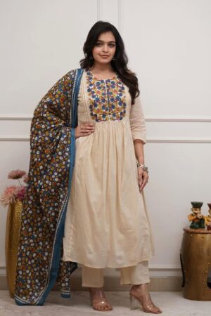 Premium Taj Cotton Embroidery Set with Hand-Block Mul Chanderi Dupatta