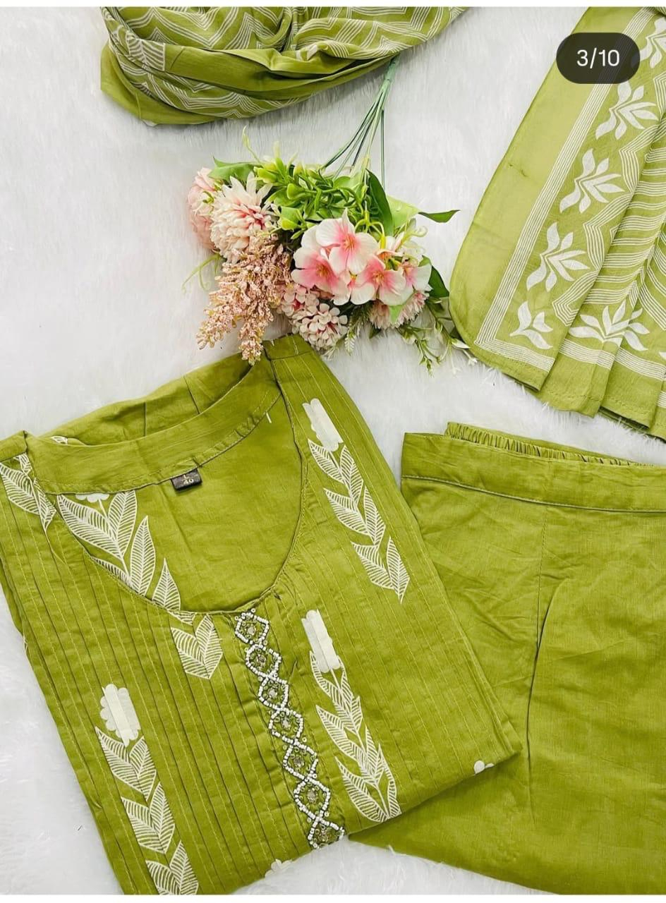 Women's Hand work & Cotton kurta & pant with malmal dupatta set - Image 8