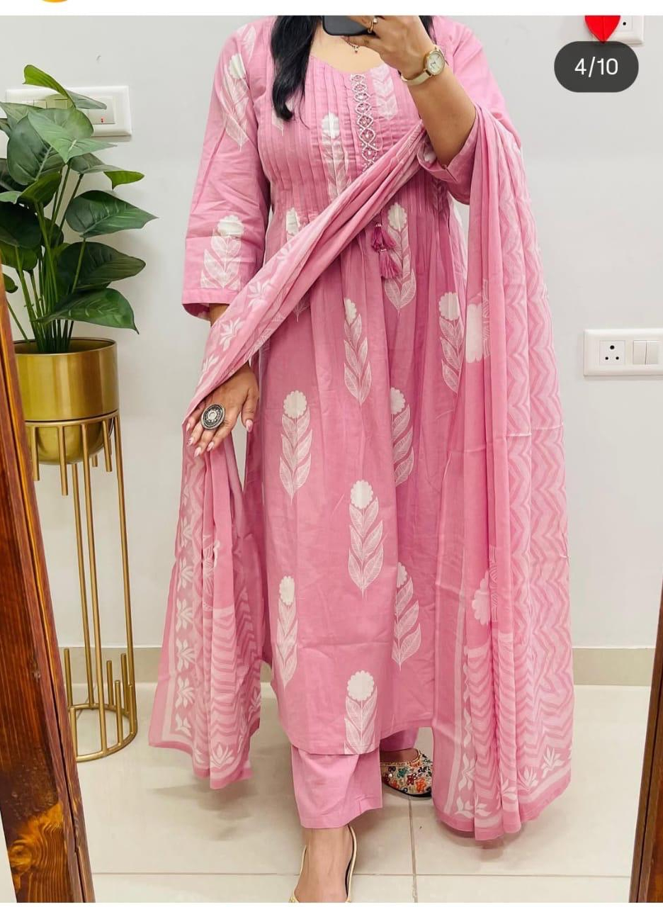 Women's Hand work & Cotton kurta & pant with malmal dupatta set